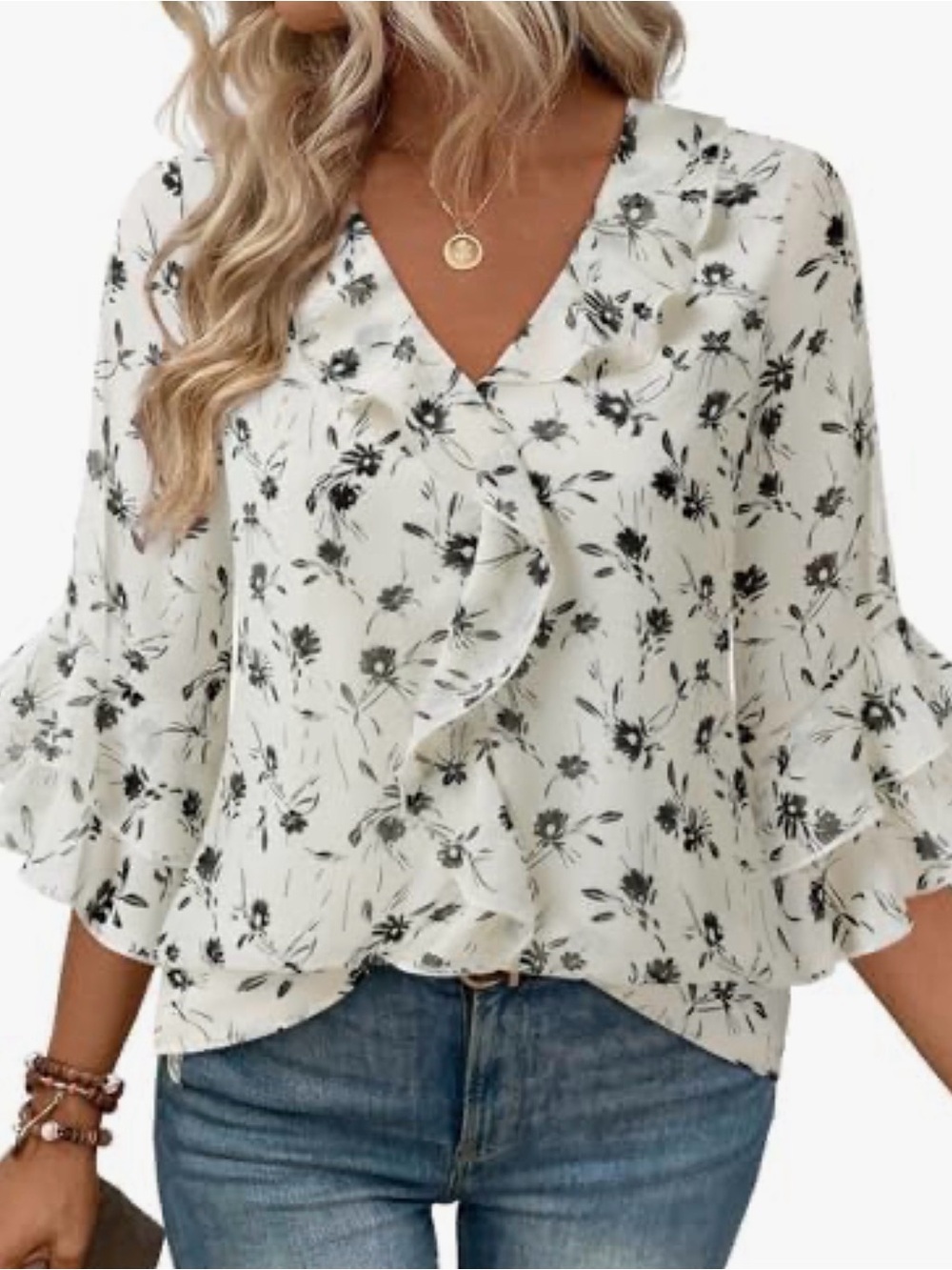 Ruffled V-Neck Floral Blouse in White with Black Print